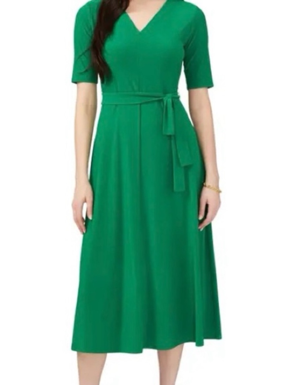 MSK V-Neck Tie-Waist Midi A-Line Dress in Kelly Green M